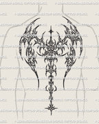 Neotribal wing spine tattoo stencil displayed on a man’s back with dark cyber wings and vertical spine placement