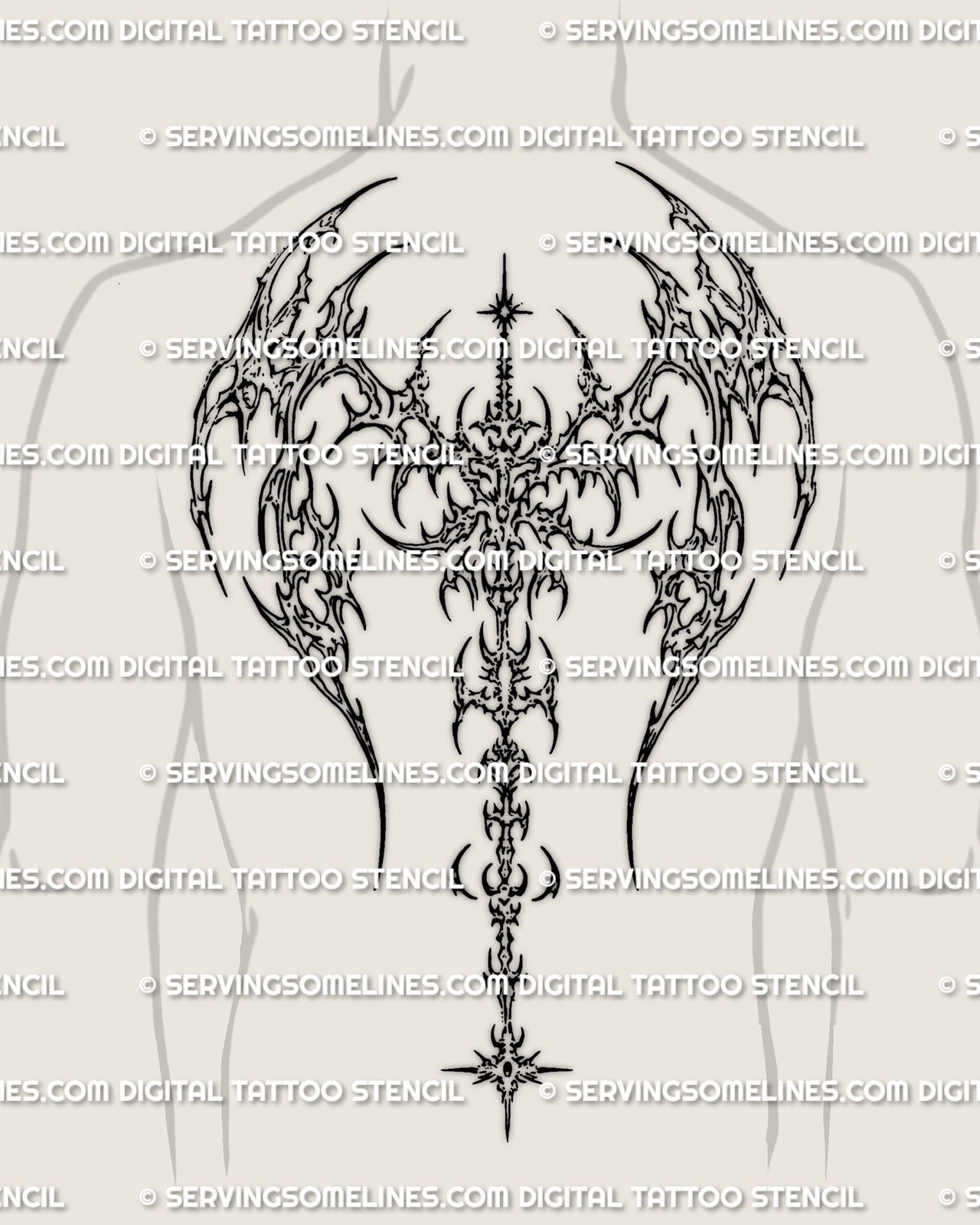 Neotribal wing spine tattoo stencil displayed on a man’s back with dark cyber wings and vertical spine placement