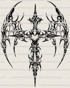 Neotribal winged cross tattoo stencil featuring a heart core and sharp abstract wing shapes