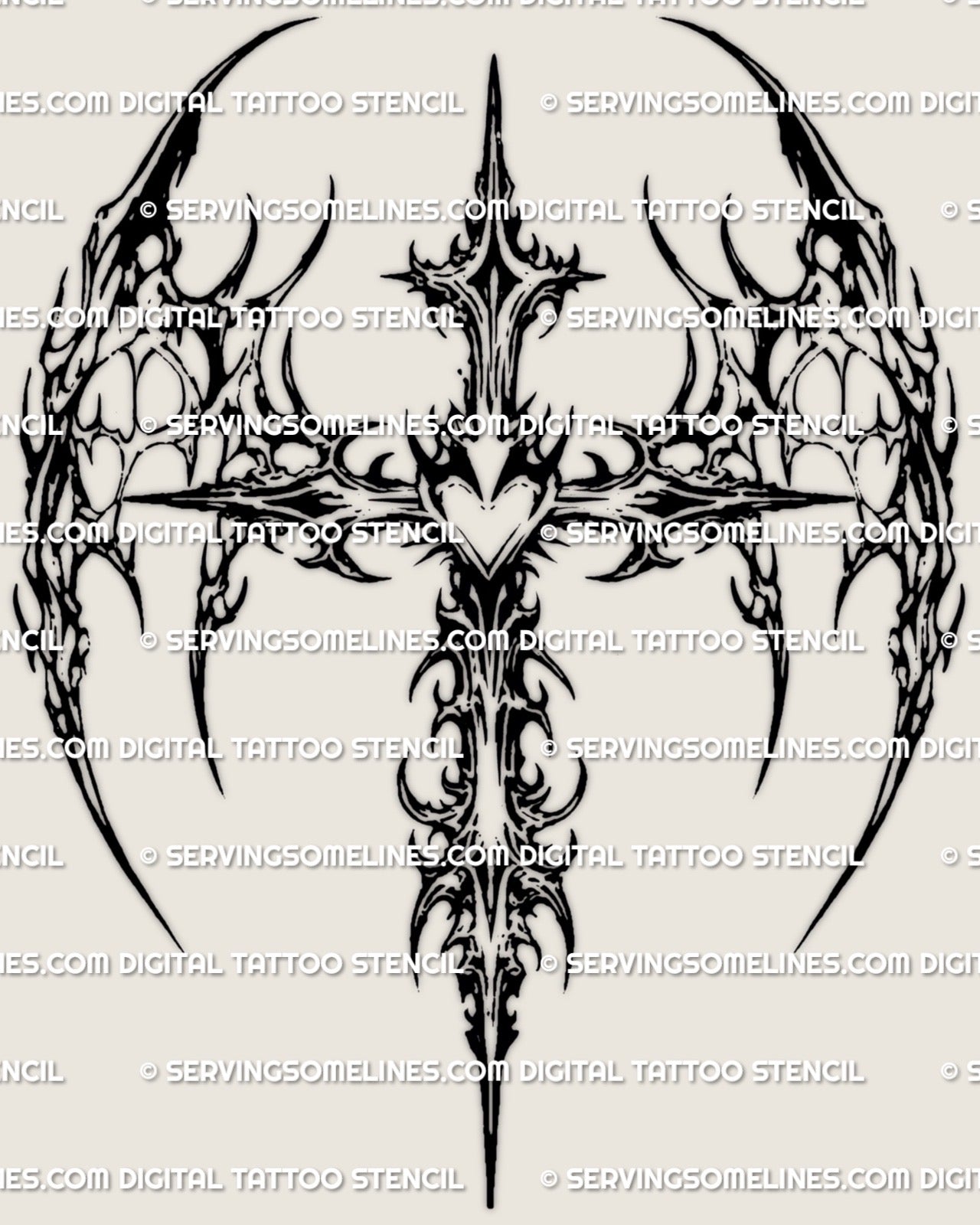 Neotribal winged cross tattoo stencil featuring a heart core and sharp abstract wing shapes