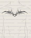 Neotribal winged heart chest tattoo stencil shown on men's chest placement example with a sharp center and black winged flow.