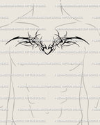 Men’s chest version of neotribal winged heart tattoo, dark cyber-sigil style design with balanced wings and punk Y2K aesthetic flow.