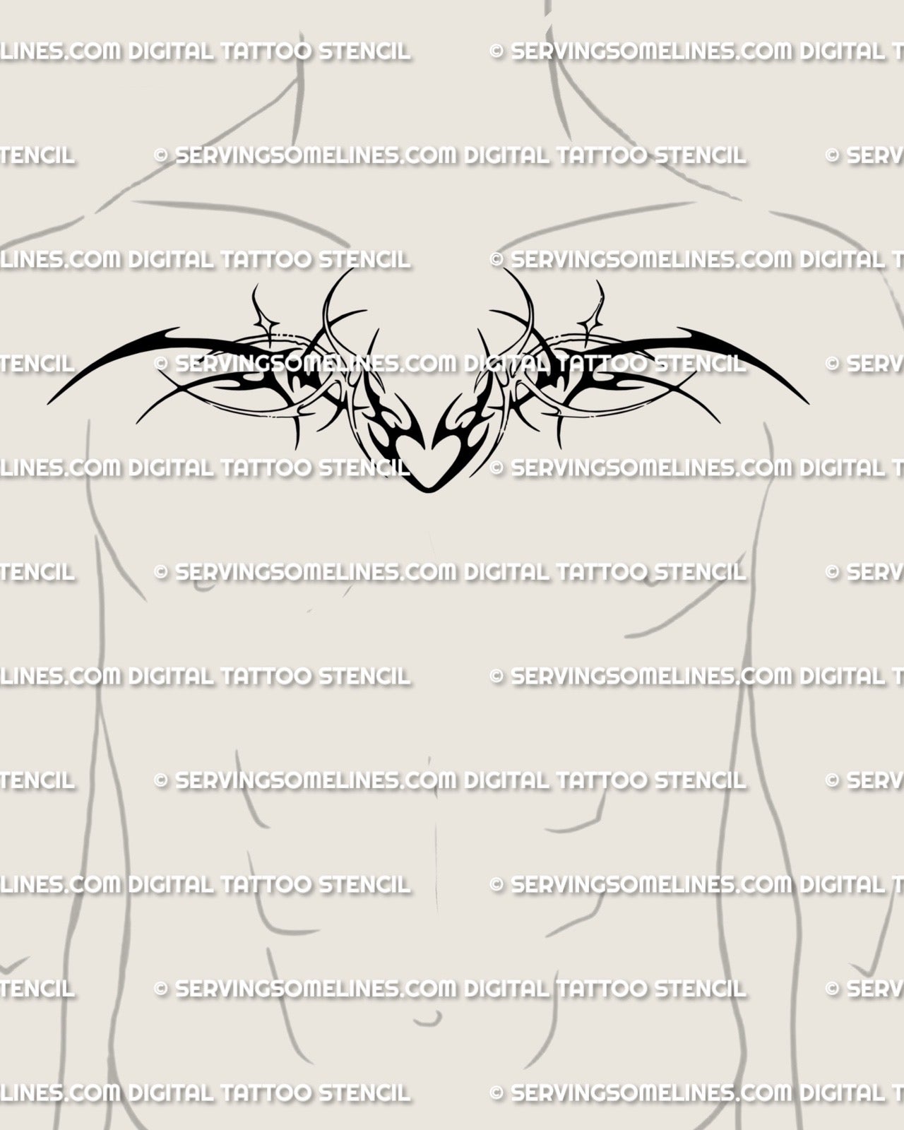 Men’s chest version of neotribal winged heart tattoo, dark cyber-sigil style design with balanced wings and punk Y2K aesthetic flow.