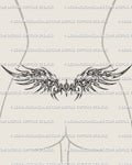 Neotribal wings lower back tattoo stencil shown on lower back placement with sharp wing shapes and connected center