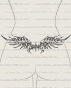 Neotribal wings lower back tattoo stencil shown on lower back placement with sharp wing shapes and connected center
