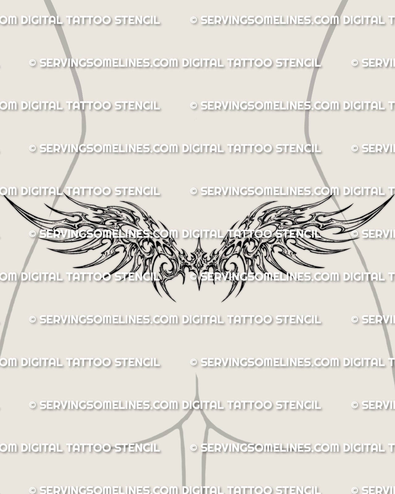 Neotribal wings lower back tattoo stencil shown on lower back placement with sharp wing shapes and connected center