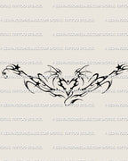 y2k neotribal flaming heart stencil with devil heart center and soft gothic star details, drawn as a clean digital design for lower back tattoos