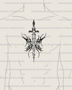 Neotribal blackwork sword tattoo center chest, flaming butterfly wings around the blade, heart detail, clean lines for crisp transfer. 