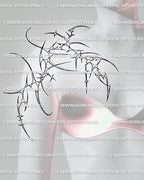 Neotribal chest tattoo design placed on feminine shoulder and collarbone, delicate yet strong cyber tribal pattern with soft symmetry.