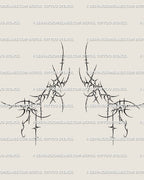 Full neotribal cleavage tattoo stencil in symmetrical cyber tribal style, abstract dripping lines and twin hearts framing the sternum.