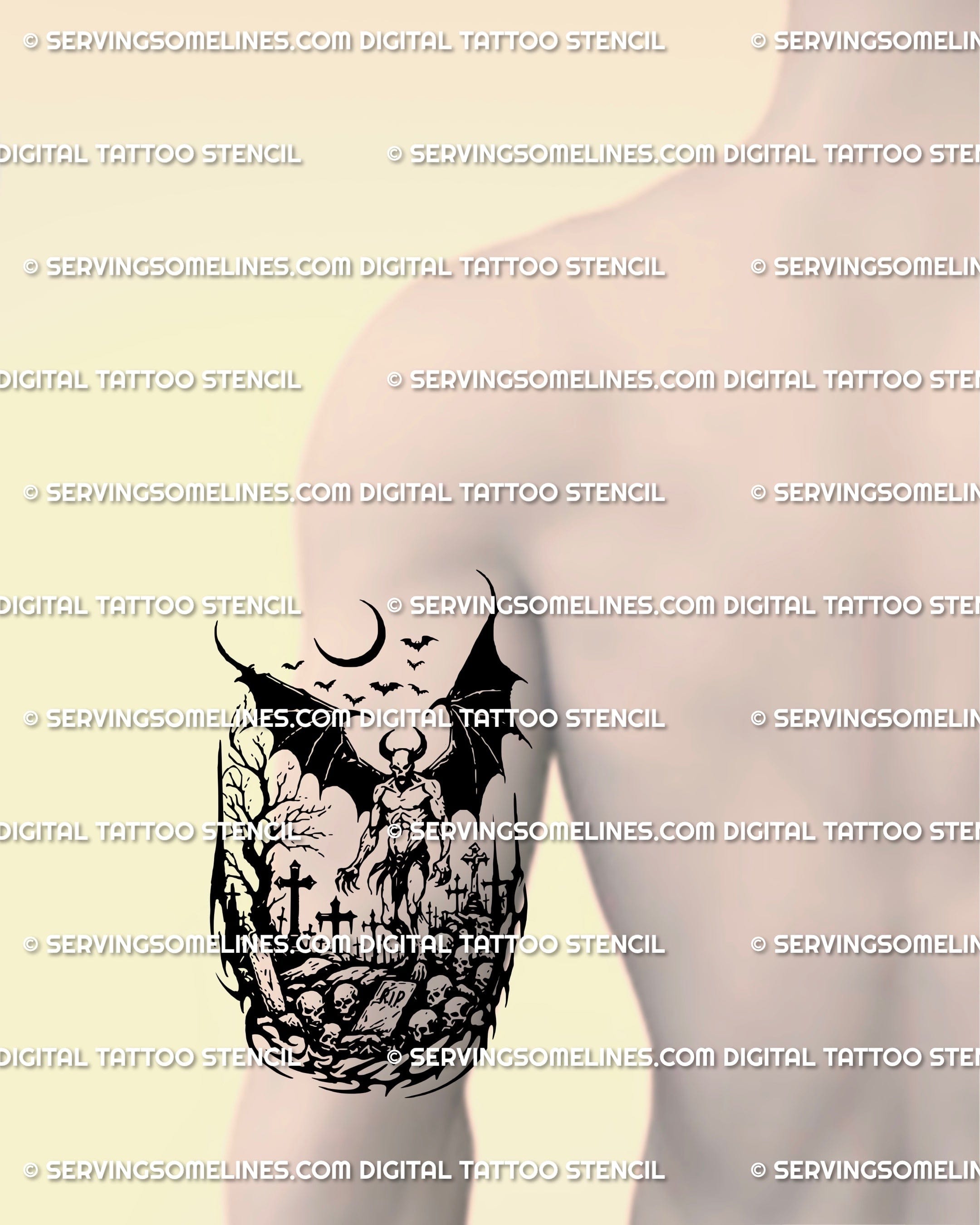 Neotribal demon tattoo stencil placed on back of upper arm, gothic horned figure and bat wings in dark horror style.