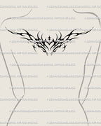 Neotribal flaming heart tattoo stencil on a female upper back; flowing spikes suggest flame, balanced symmetry for graceful yet gothic impact.