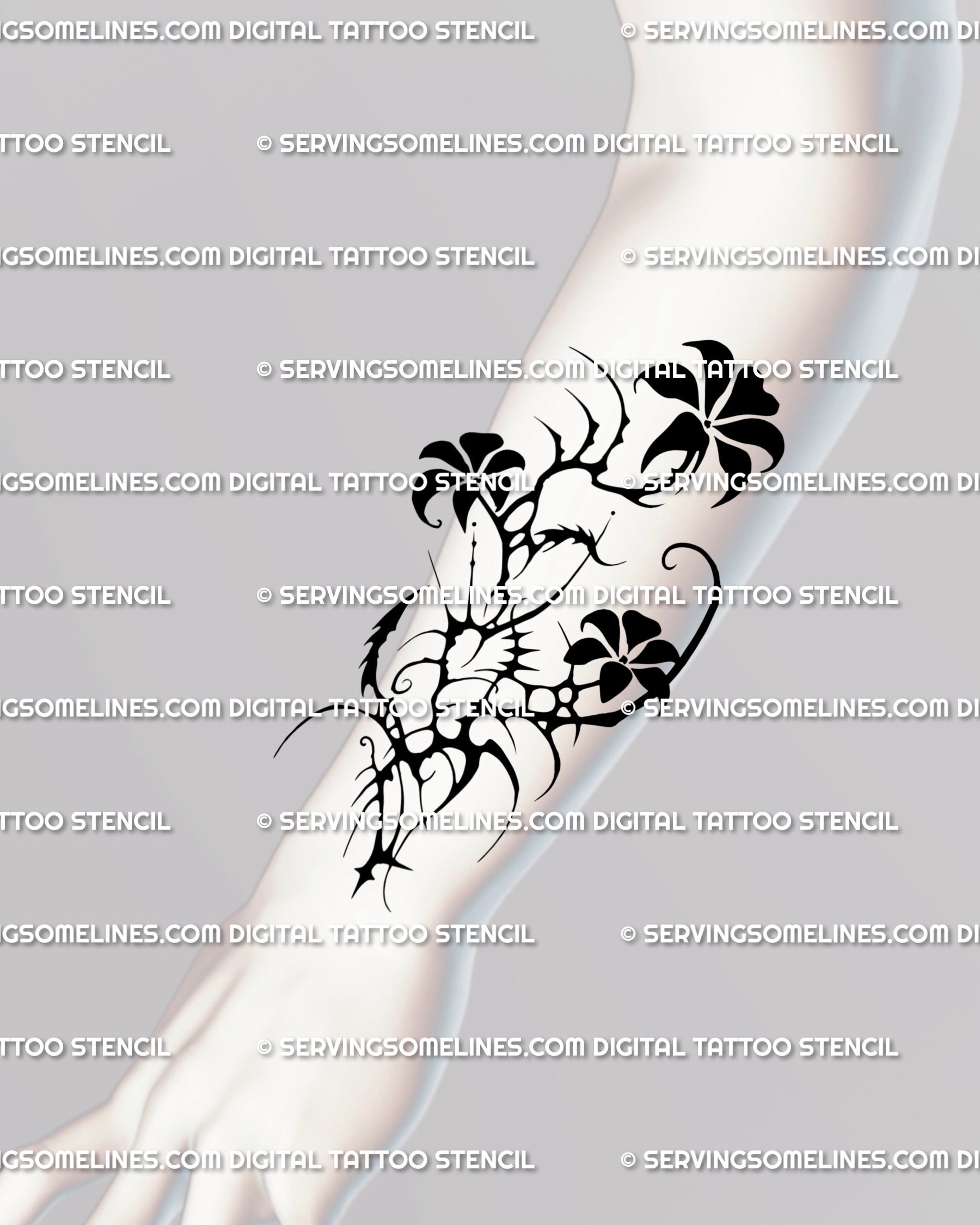 Alternative neotribal flower tattoo half sleeve idea, elongated stencil flowing along the forearm with emo-gothic spikes and abstract geometry.