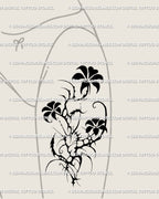 Bold gothic flower thigh tattoo design, neotribal floral stencil with emo-grunge curves and ornamental dark fantasy style for alternative ink.