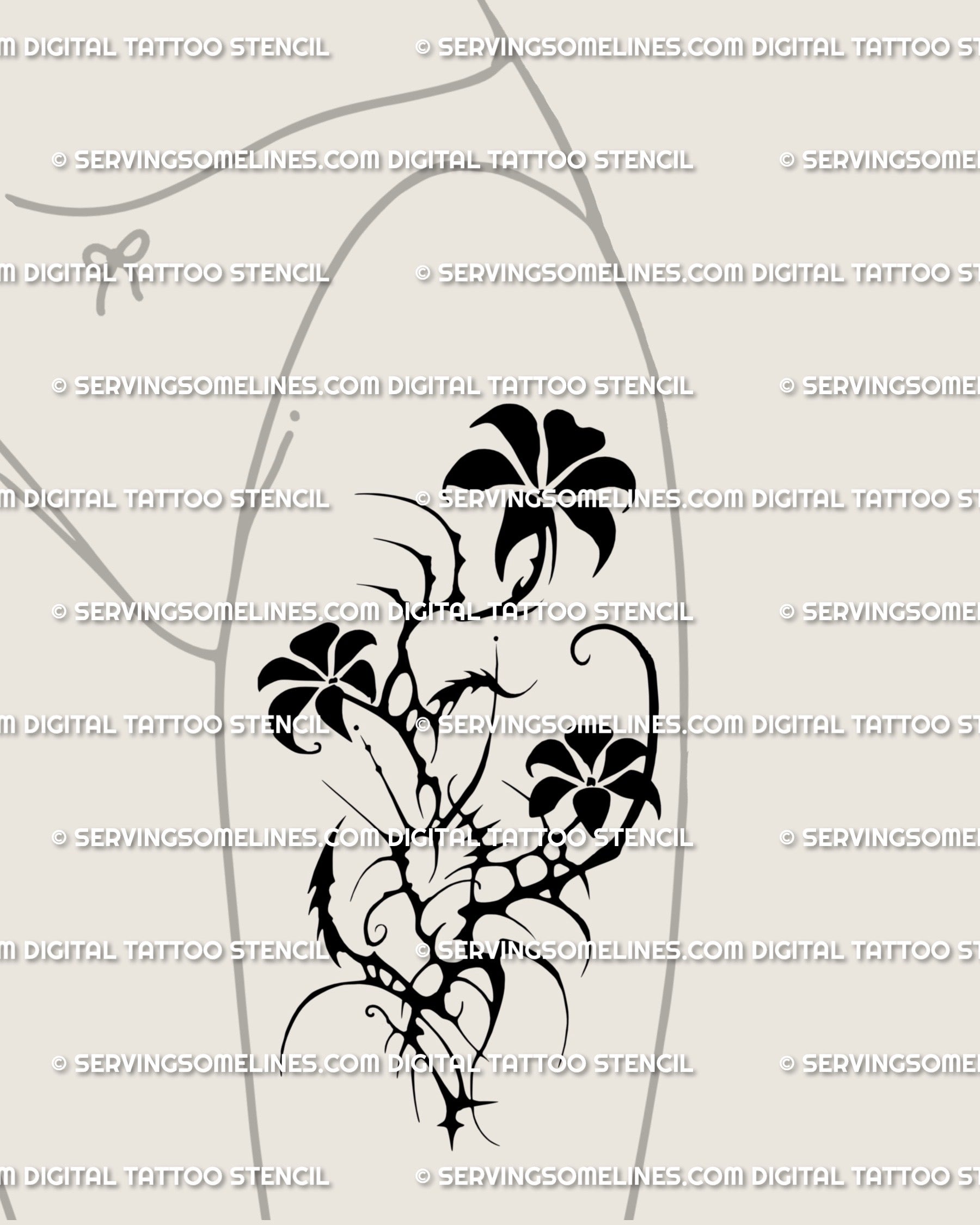 Bold gothic flower thigh tattoo design, neotribal floral stencil with emo-grunge curves and ornamental dark fantasy style for alternative ink.