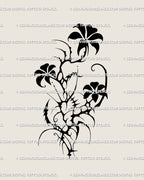 Neotribal flower tattoo stencil featuring three black floral motifs in gothic cybersigilism style, bold emo-floral design for alternative tattoos.