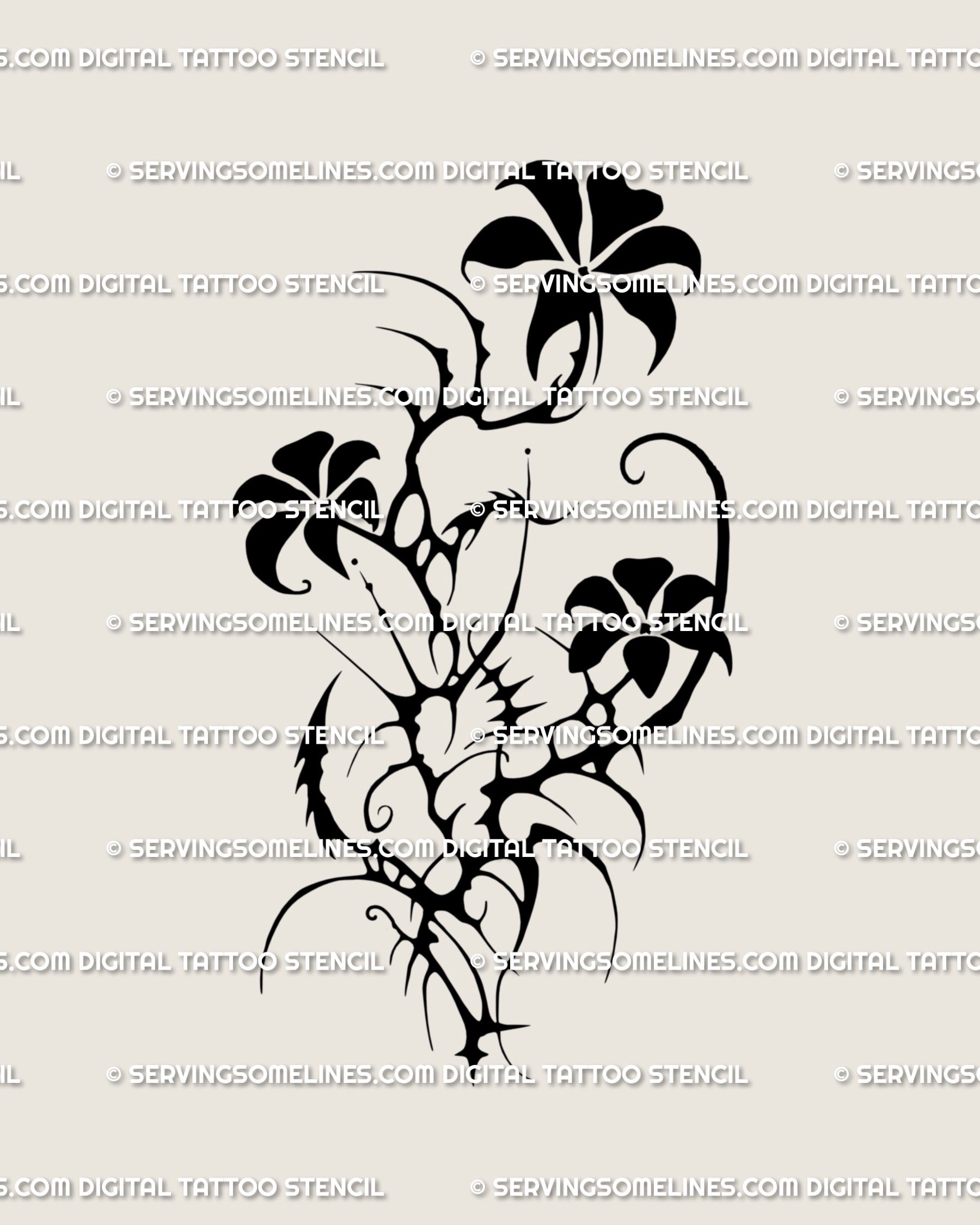 Neotribal flower tattoo stencil featuring three black floral motifs in gothic cybersigilism style, bold emo-floral design for alternative tattoos.