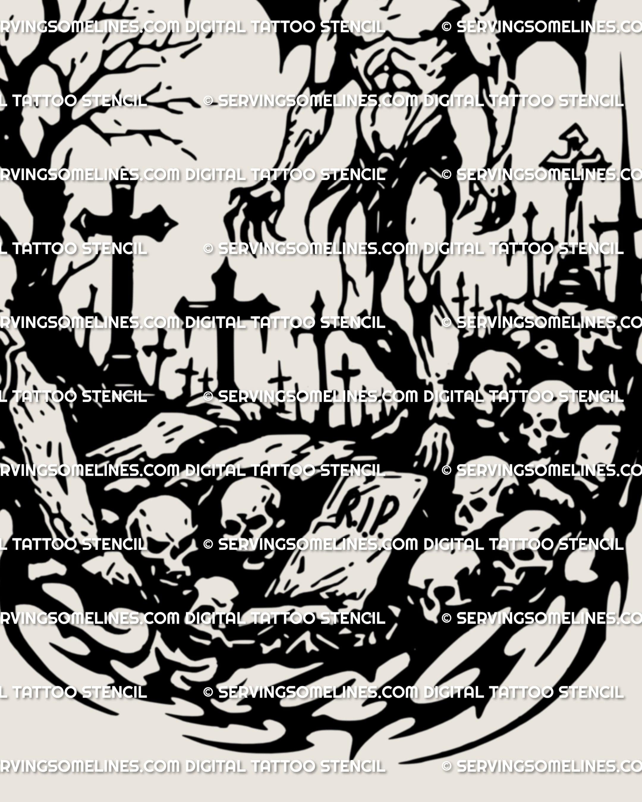 Close-up of neotribal gothic demon tattoo design with skulls, crosses, and dark graveyard detailing in blackwork style.