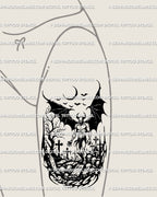 Neotribal gothic demon tattoo design placed on thigh, detailed blackwork skulls and wings creating dark fantasy atmosphere.