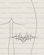 Neotribal gothic tattoo art on back of the thigh; thorn heart with cyber-sigil flow, dark romantic vibe, neat, readable lines.