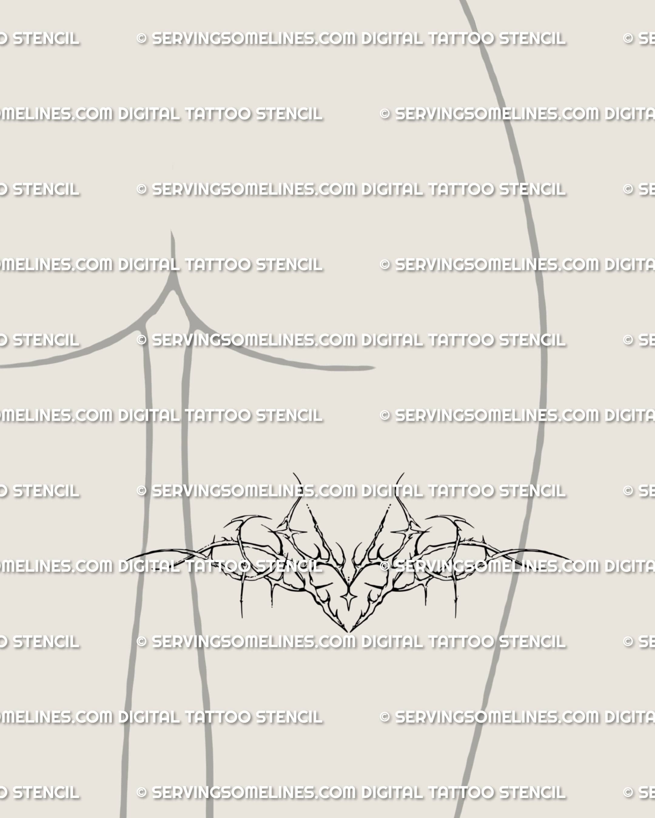 Neotribal gothic tattoo art on back of the thigh; thorn heart with cyber-sigil flow, dark romantic vibe, neat, readable lines.