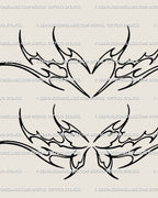 Close-up of neotribal heart and butterfly tattoo stencils, a gothic cyber tribal matching tattoo set in clean line art for download.