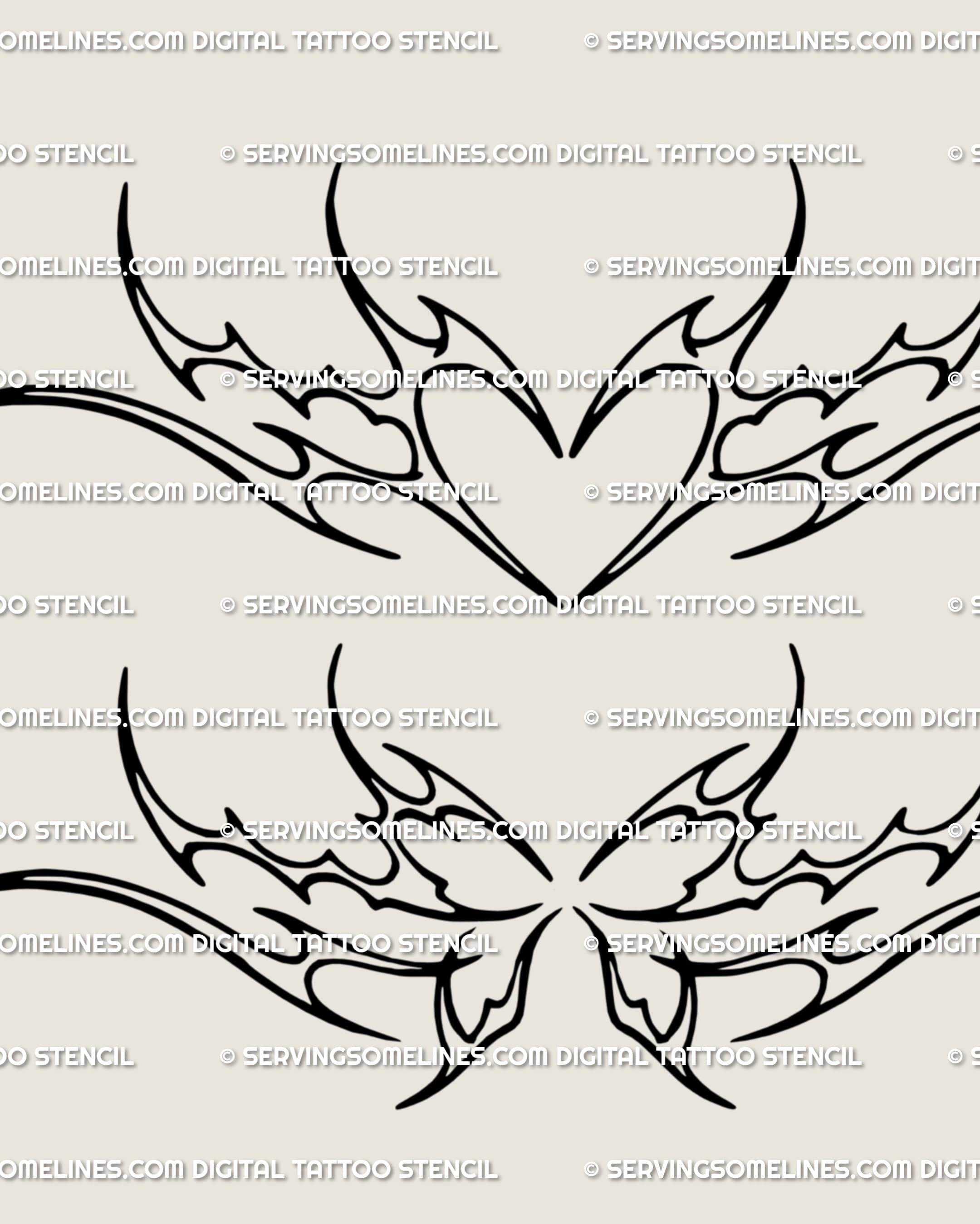 Close-up of neotribal heart and butterfly tattoo stencils, a gothic cyber tribal matching tattoo set in clean line art for download.