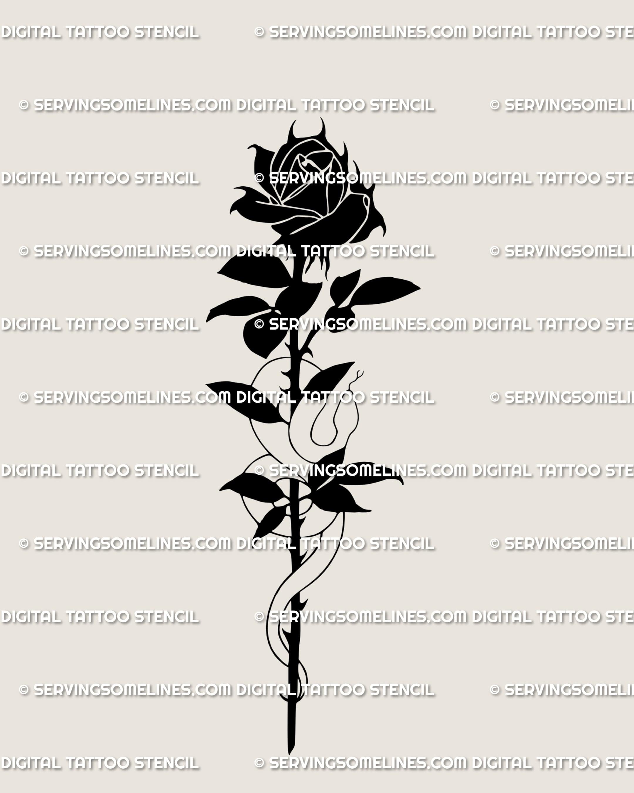 Neotribal rose tattoo art design combining gothic serpent shapes and ornamental floral symmetry for symbolic modern tone.