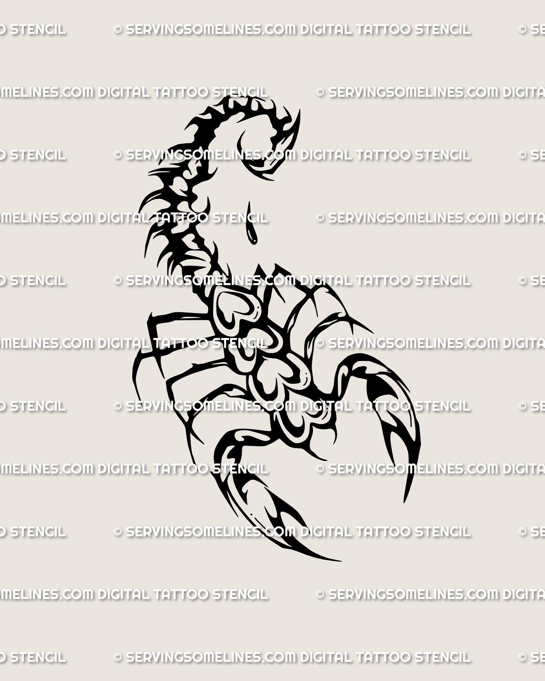 Neotribal scorpion heart tattoo stencil, hand-drawn gothic design blending girly goth style and tribal sharpness, supplied as a digital download.