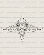 Full neotribal underbreast tattoo design in ornamental cybersigil style, a feminine heart centerpiece framed with tribal symmetry.