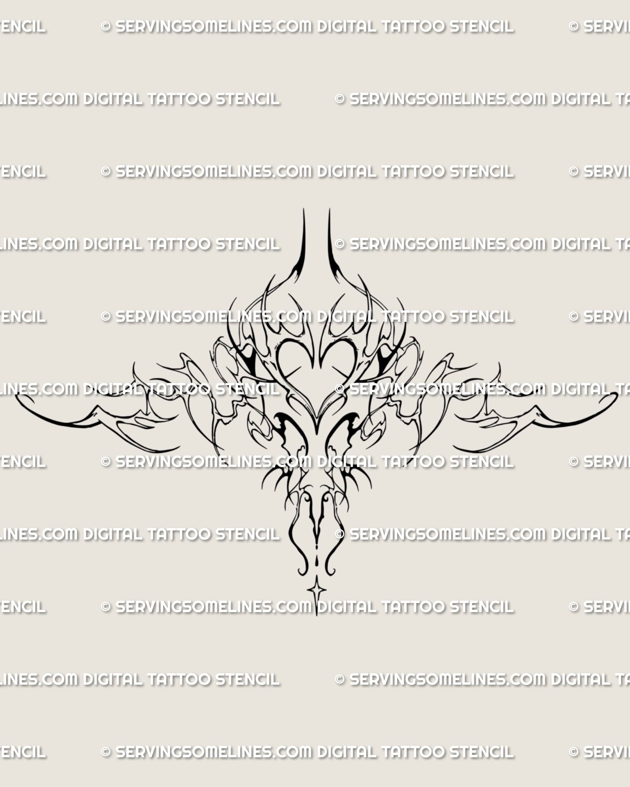 Full neotribal underbreast tattoo design in ornamental cybersigil style, a feminine heart centerpiece framed with tribal symmetry.