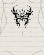 nocturnal moth stencil displayed on sternum underbreast placement, spiked wings with star marks, tattoo stencil download 