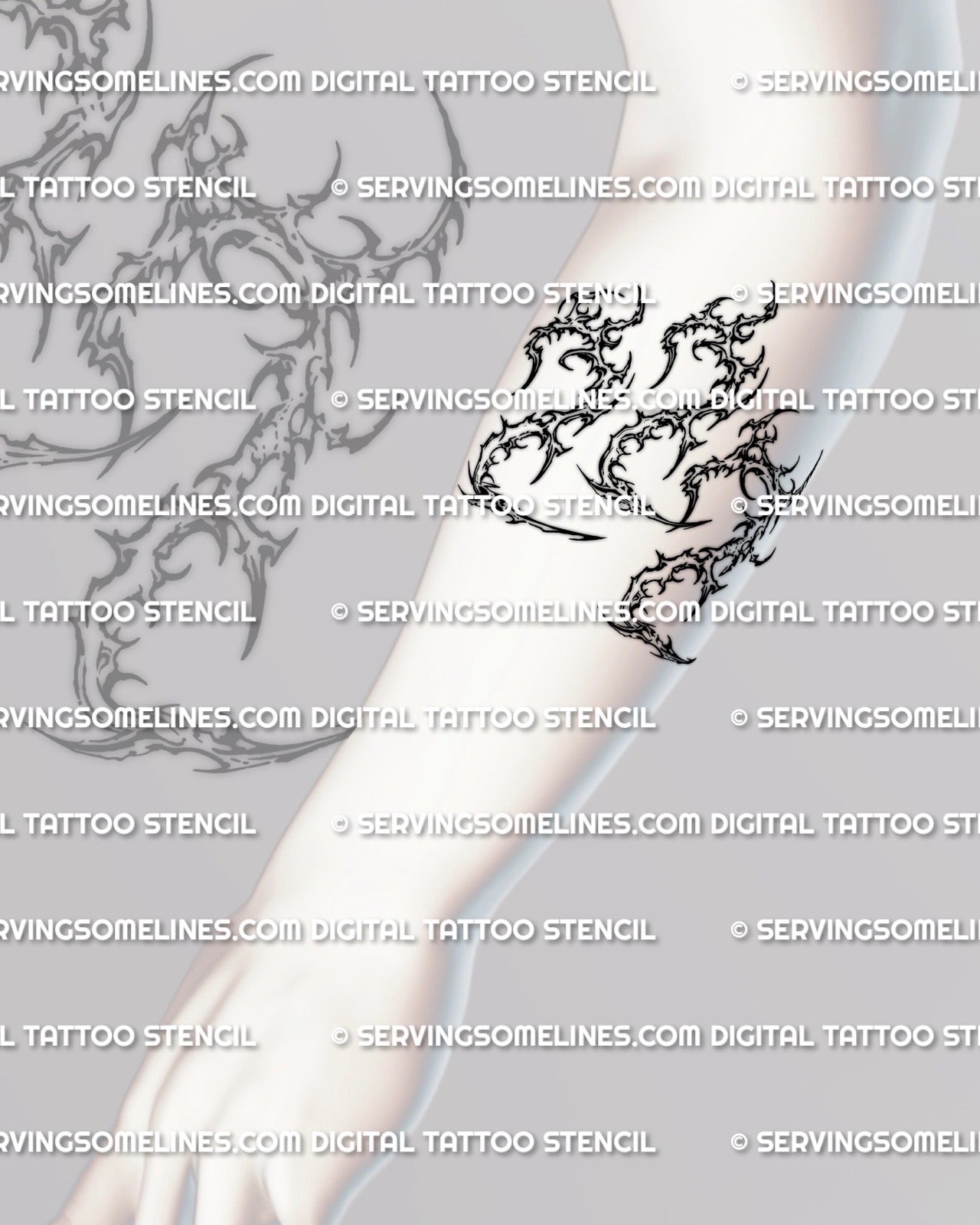 Number tattoo stencil 222 shown on forearm placement example, cyber sigil linework, PNG JPG PDF files
