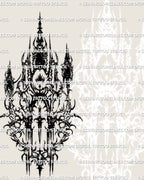 Occult cybersigilism tattoo stencil design with tall ritual shape, stacked blackwork, and protective sigil mood.