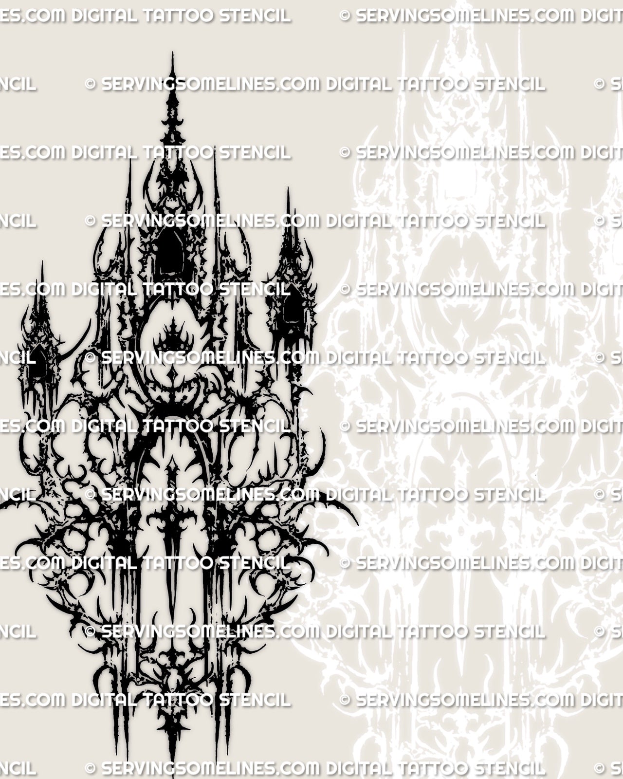 Occult cybersigilism tattoo stencil design with tall ritual shape, stacked blackwork, and protective sigil mood.