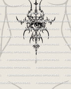 Occult eye sigil stencil shown on womens stomach sternum placement preview, centered symbolic eye tattoo with digital files.