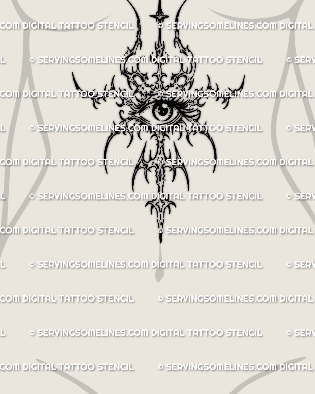 Occult eye sigil stencil shown on womens stomach sternum placement preview, centered symbolic eye tattoo with digital files.
