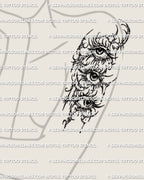 Occult eye tattoo stencil in shown on female arm placement example, vertical three-eye cyber sigil design download.