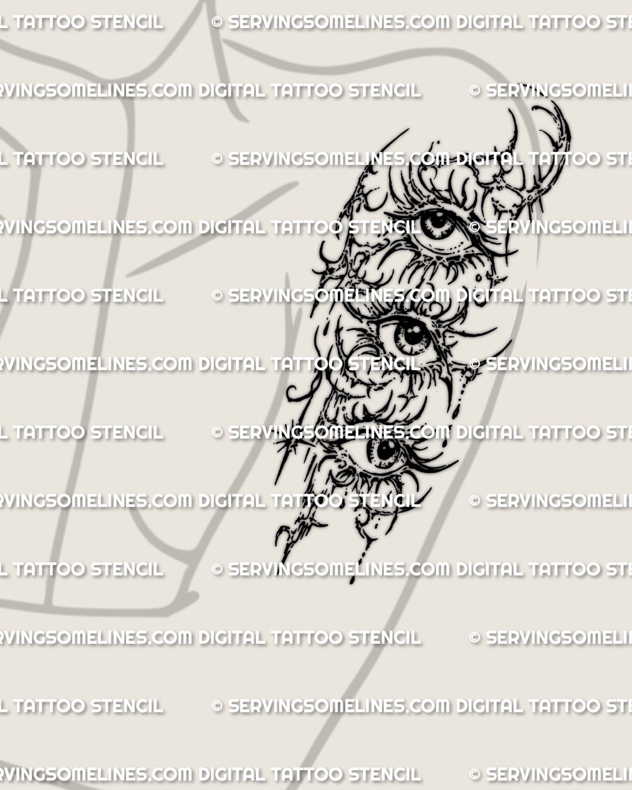 Occult eye tattoo stencil in shown on female arm placement example, vertical three-eye cyber sigil design download.
