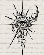 Occult eye tattoo stencil printable download, surreal single eye emblem with radiating spike details and digital tattoo files.