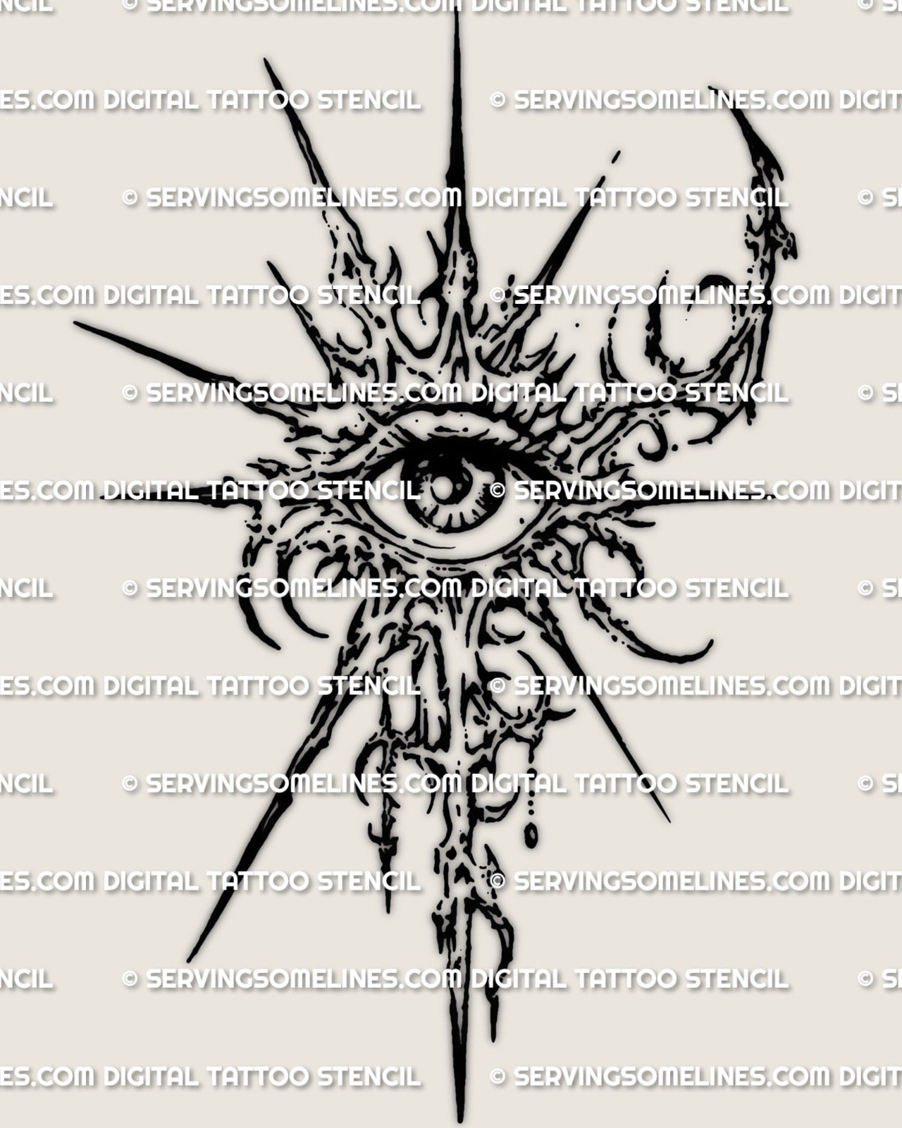 Occult eye tattoo stencil printable download, surreal single eye emblem with radiating spike details and digital tattoo files.