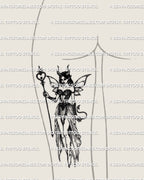 Occult fairy tattoo stencil placed on women’s thigh, horned demon fairy wings and staff shown in dark fantasy style as clean digital stencil for tattoo artists.