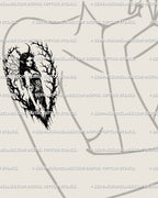 Occult fantasy tattoo design on upper arm, gothic fairy with dark wings and halo frame, protective gothic tattoo meaning and bold symmetry.