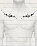 Digital tattoo stencil on men’s chest showing symmetrical neo tribal two piece cyber tribal design, bold blackwork ready for stencil use.