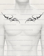 Digital tattoo stencil on men’s chest showing symmetrical neo tribal two piece cyber tribal design, bold blackwork ready for stencil use.