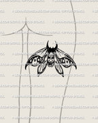 Oni moth tattoo stencil displayed on back of thigh placement example, wide Japanese style wings, instant download stencil files