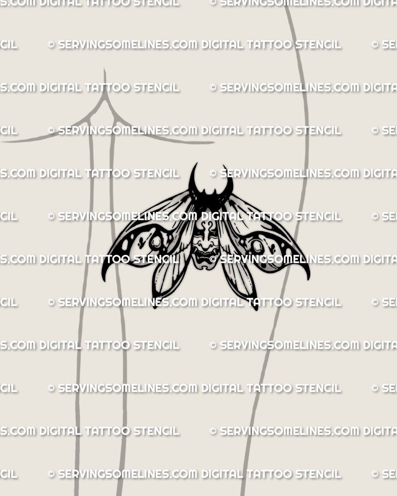 Oni moth tattoo stencil displayed on back of thigh placement example, wide Japanese style wings, instant download stencil files