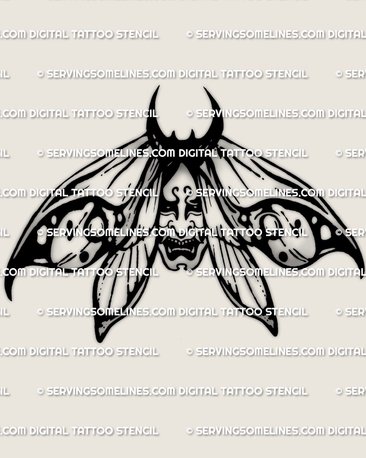Oni moth tattoo stencil design, Japanese moth with oni mask detail, black linework stencil download files PNG JPG PDF