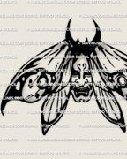 Oni moth tattoo stencil design, Japanese style wings with small demon mask face, blackwork digital download PNG JPG PDF