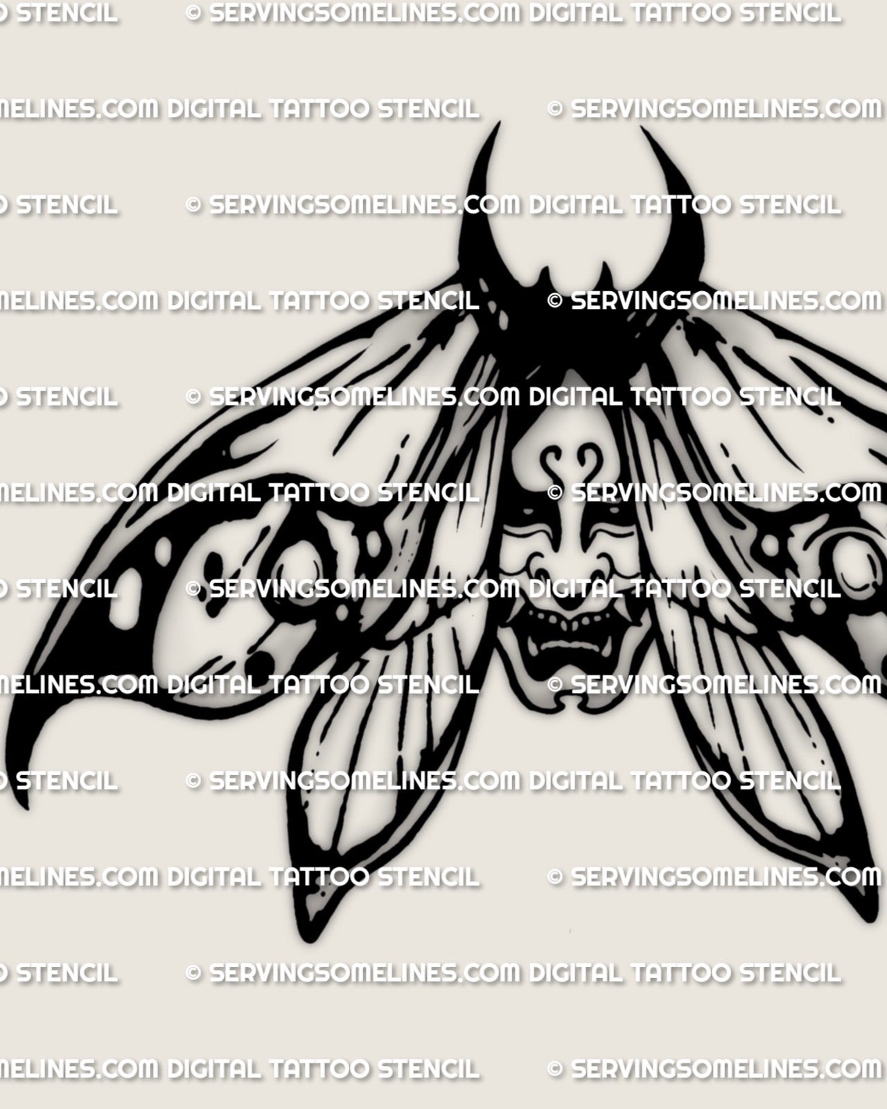 Oni moth tattoo stencil design, Japanese style wings with small demon mask face, blackwork digital download PNG JPG PDF